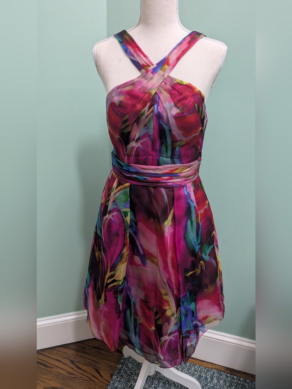 Vibrant  Abstract Floral Halter W/ Pleated Waist Dress By Theia, Size 6